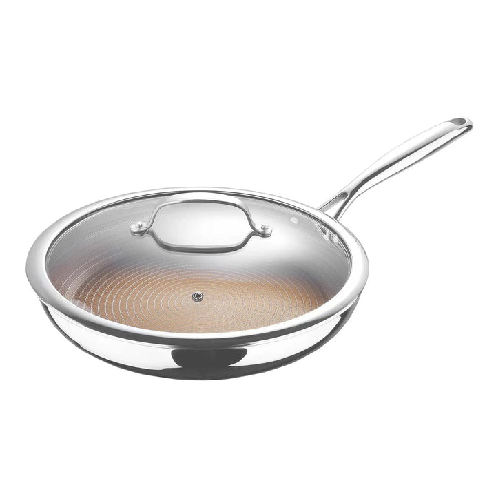 Large stainless steel fryig pan with glass lid and gold non-stick interior