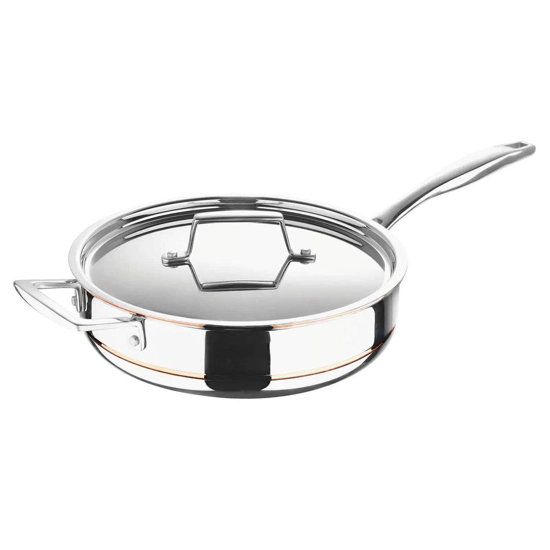 Polished stainless steel saute pan with lid and copper band detail