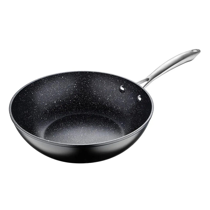 Black marbled non-stick wok with stainless steel handle for oriental cooking