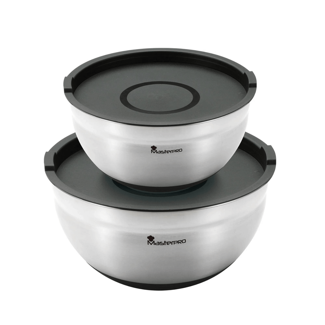 set of two stainless steel mixing bowls with lids stacked on top of each other