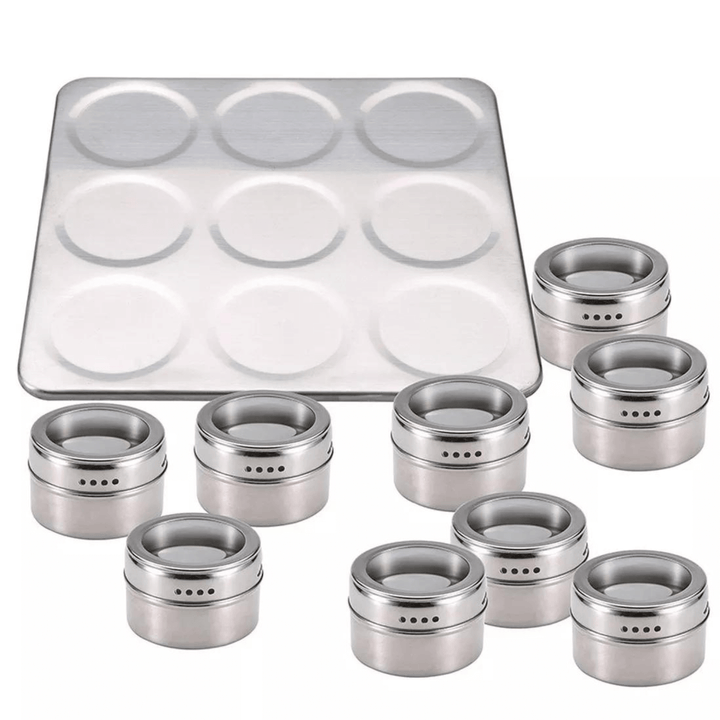 9 spice rack jars set beside the magnetic tray