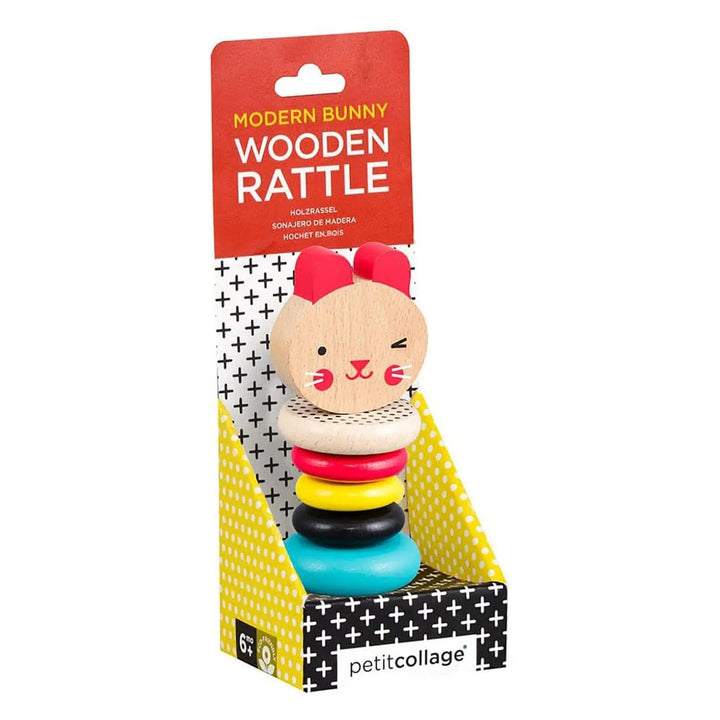 Modern Bunny wooden rattle with 5 brightly coloured wood rings