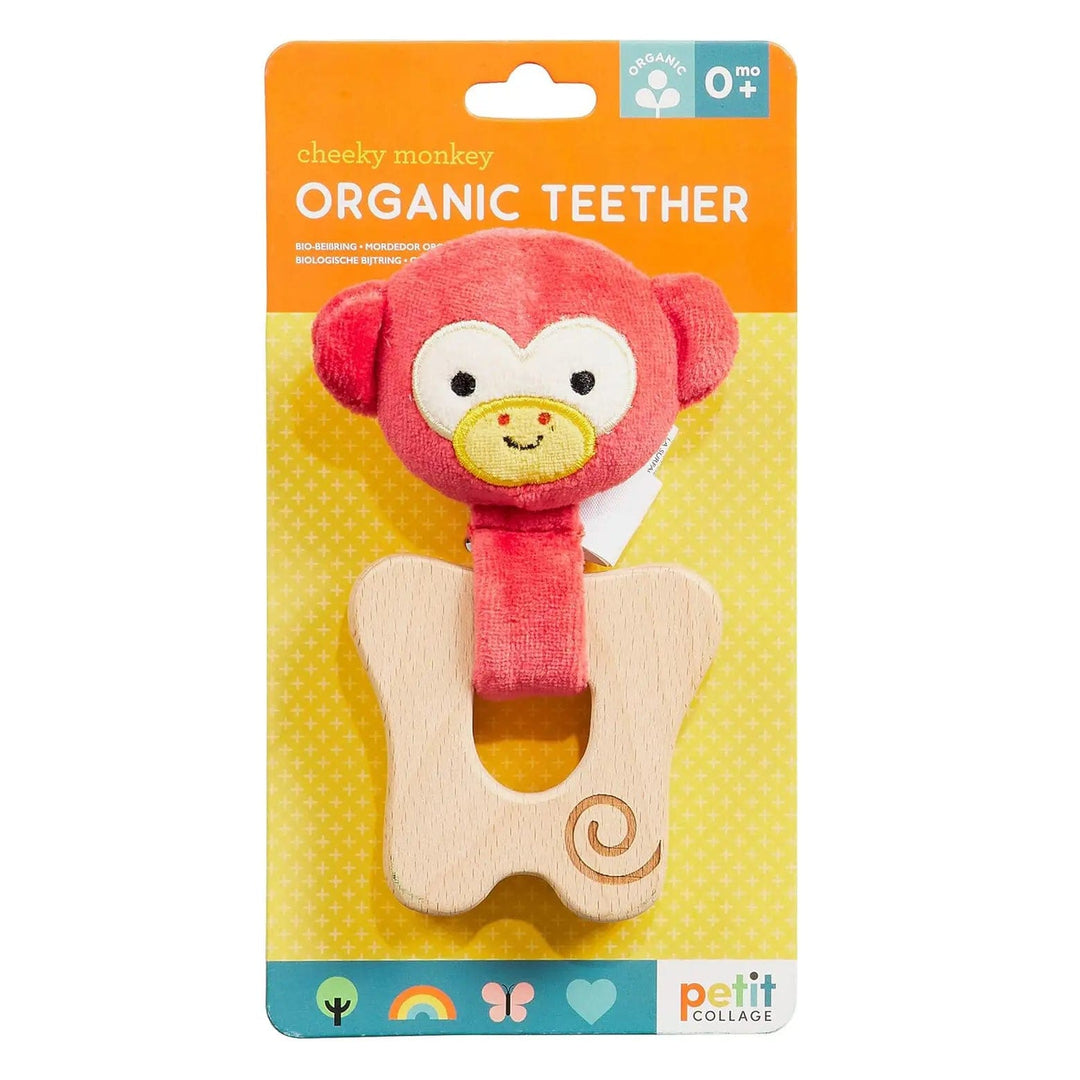 Cheeky monkey organic teether made from wood and cotton fabrics