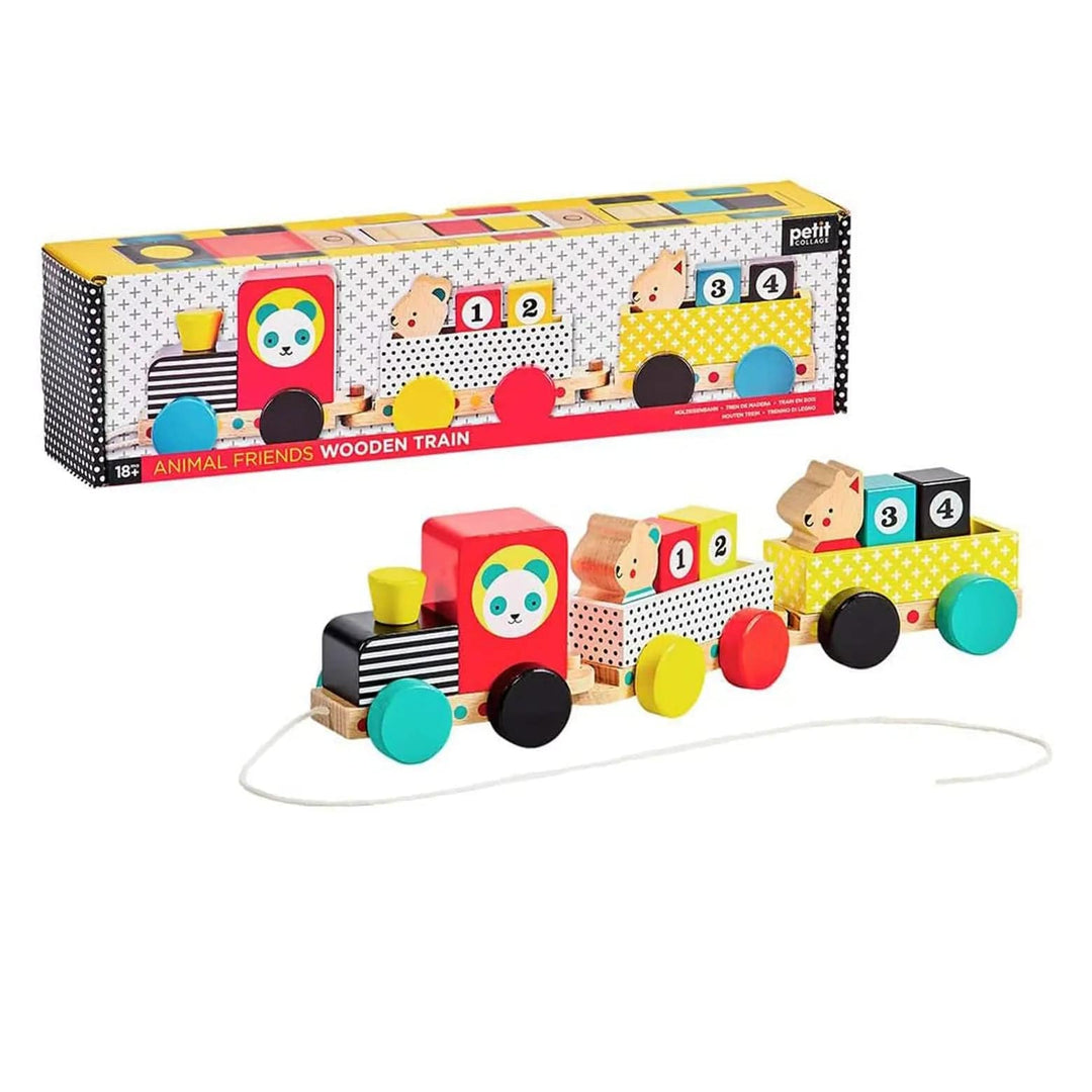 Wooden train tow with engine and 2 wagons, number blocks and animals