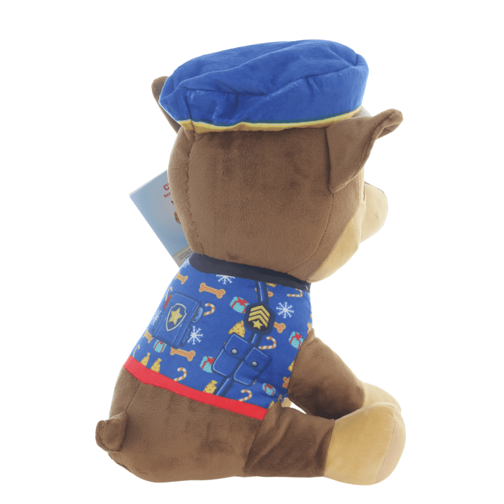 side view of chase dog chatacter plush wearing seasonal jumper