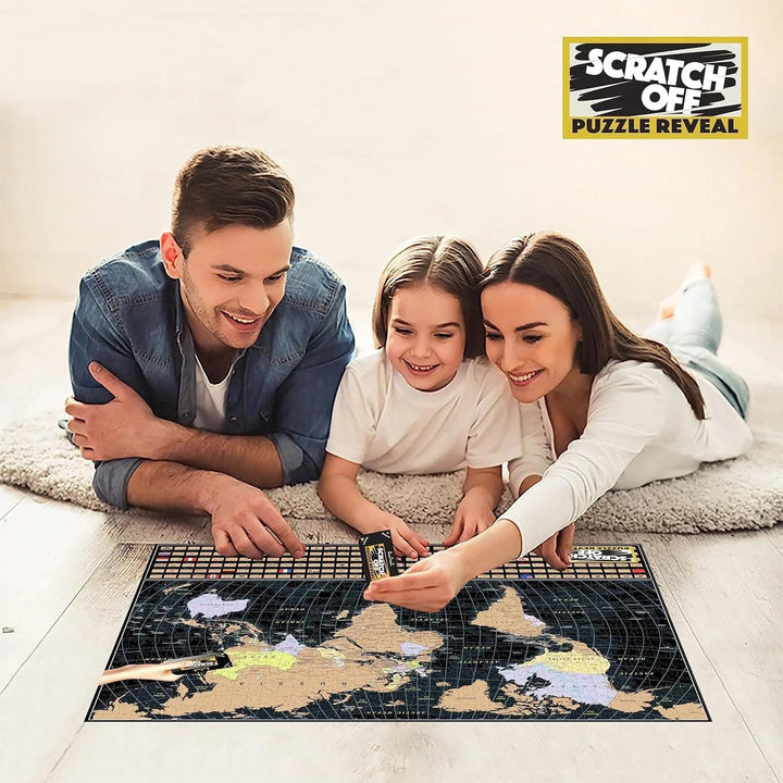 Family with completed world map Scratch jigsaw puzzle