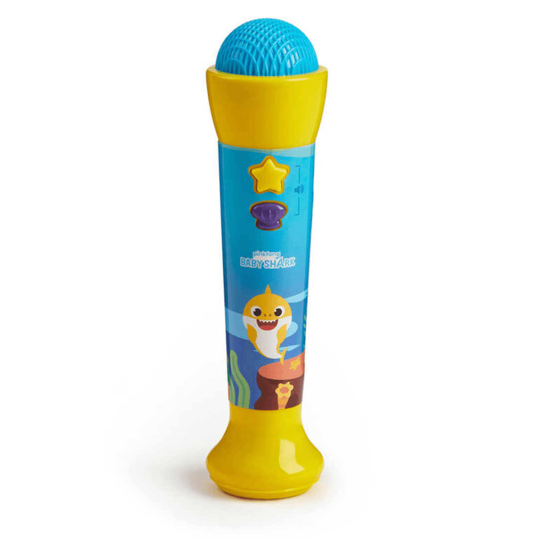 yellow and blue baby shark microphone featuring baby shark graphic