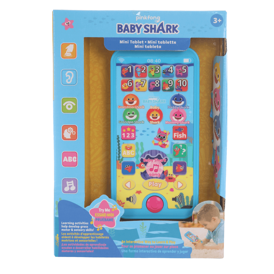 baby shark mini tablet in cardboard packaging with blue finish