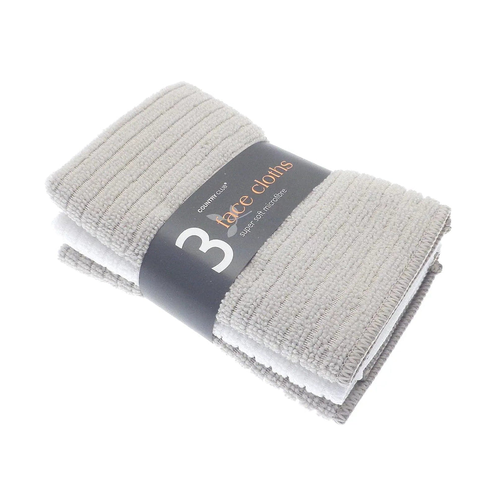 Pack of 3 face cloths in stone grey and white super soft microfibre