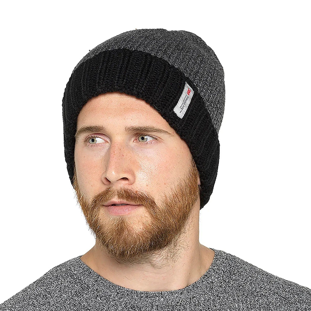 Man wearing a 3M Thinsulate beanie hat in black and grey marl with wide brim