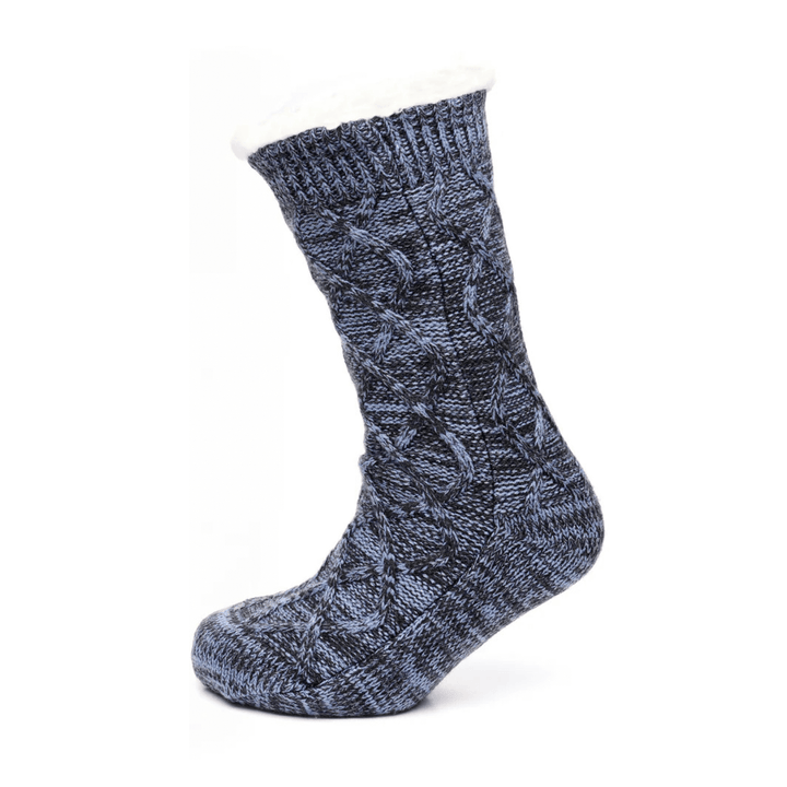 blue sherpa lined sock with chunky diamond knit design on foot