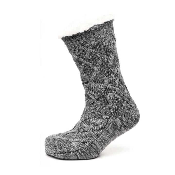 grey sherpa lined sock with chunky diamond knit design on foot