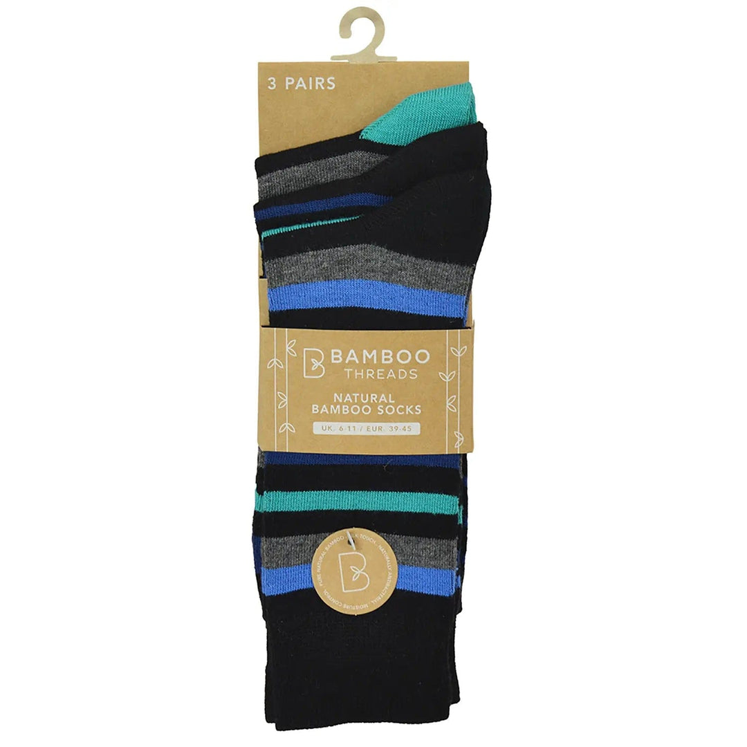 3 pairs of men's black bamboo socks with assorted coloured stripes