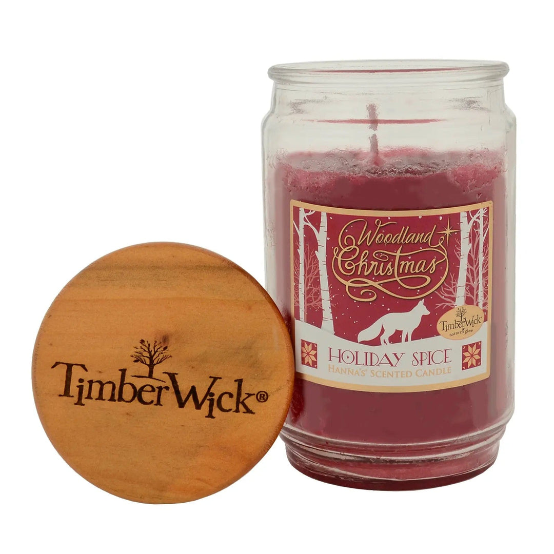 Timber Wick Christmas Holiday Spice Scented candle with wooden lid off