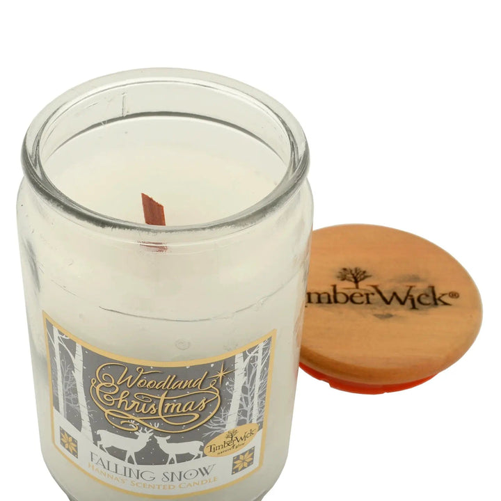 Falling snow white Christmas candle with crackling wooden wick and lid