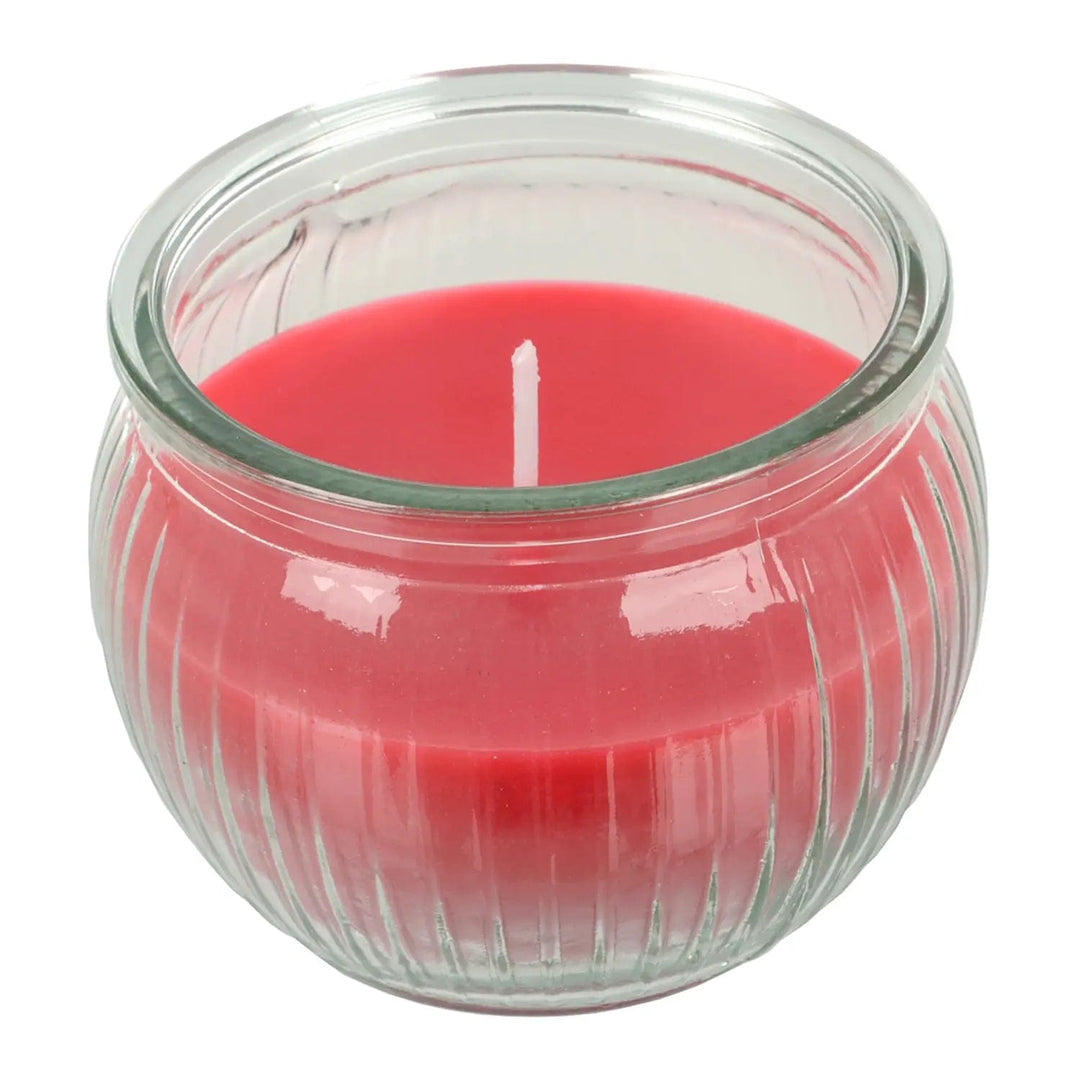 Ridged glass round glass jar candle with red wax and a single wick