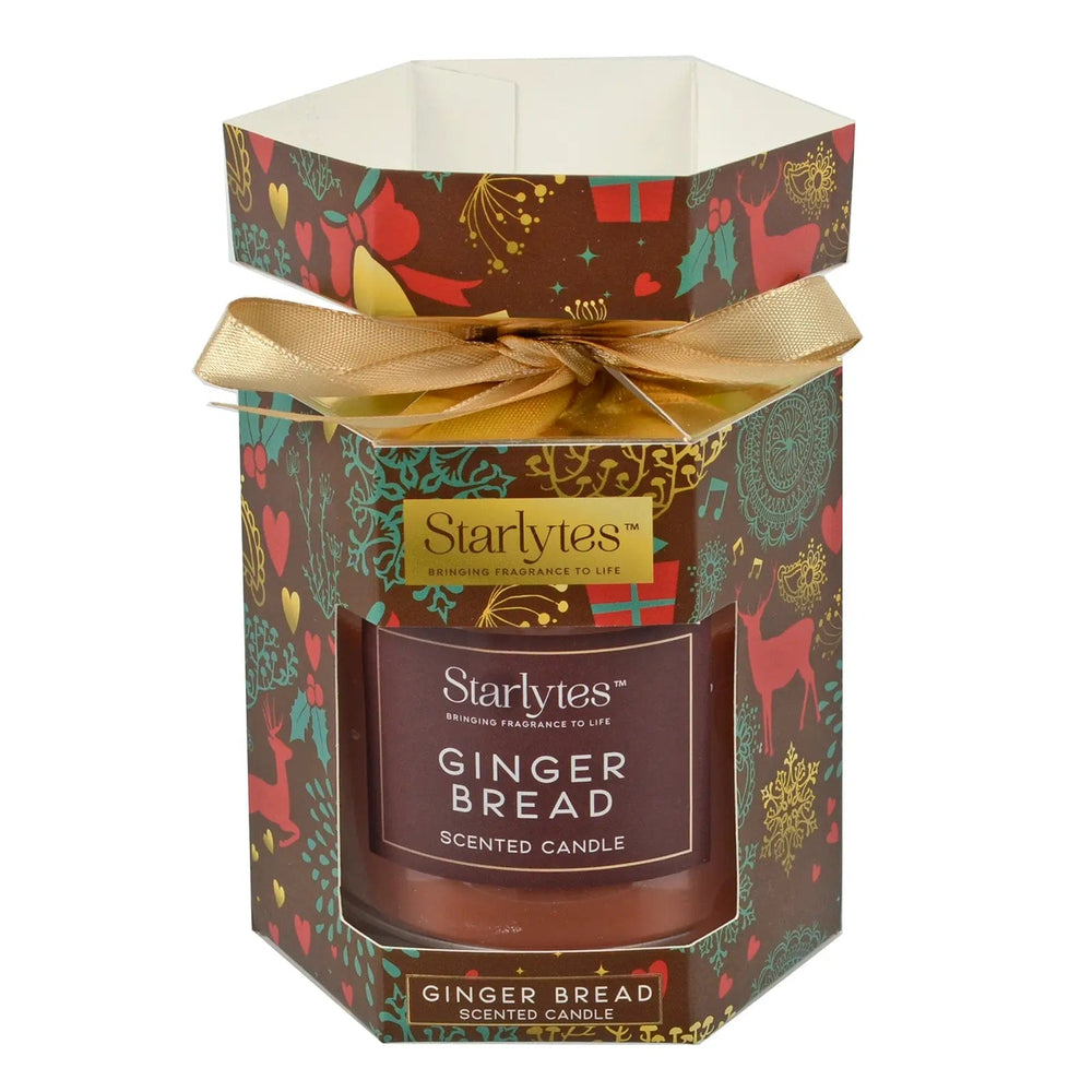 Christmas Cracker packaged Gingerbread scented candle with gold ribbon