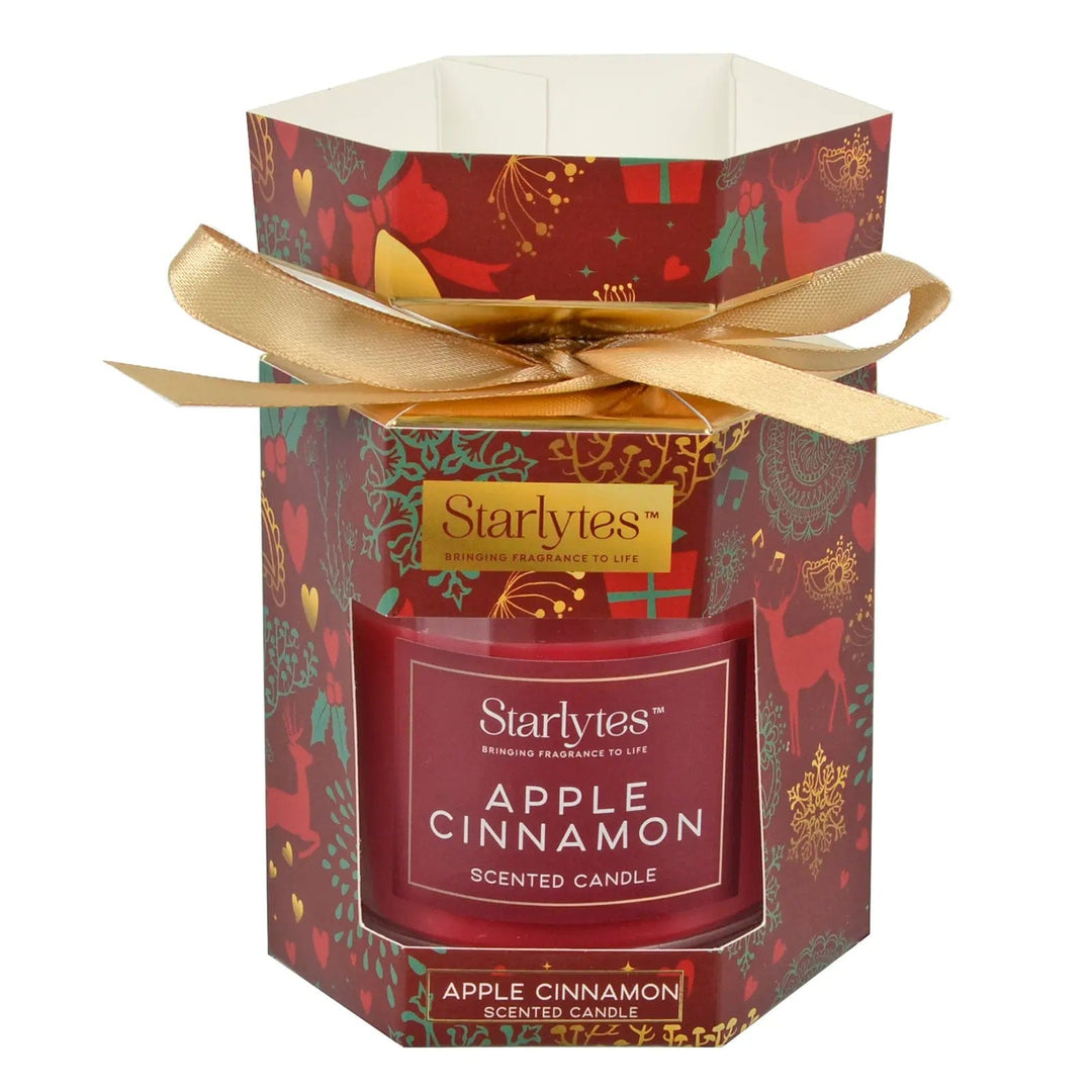 Christmas Cracker packaged Apple Cinnamon scented candle with gold ribbon