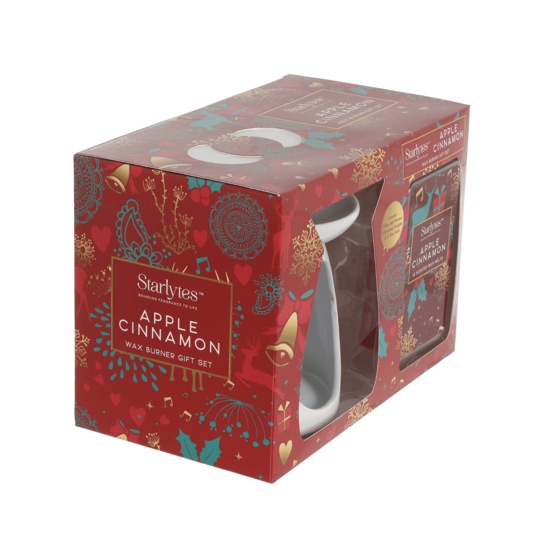 side view of apple cinnamon wax burner gift set with red box featuring christmas pattern