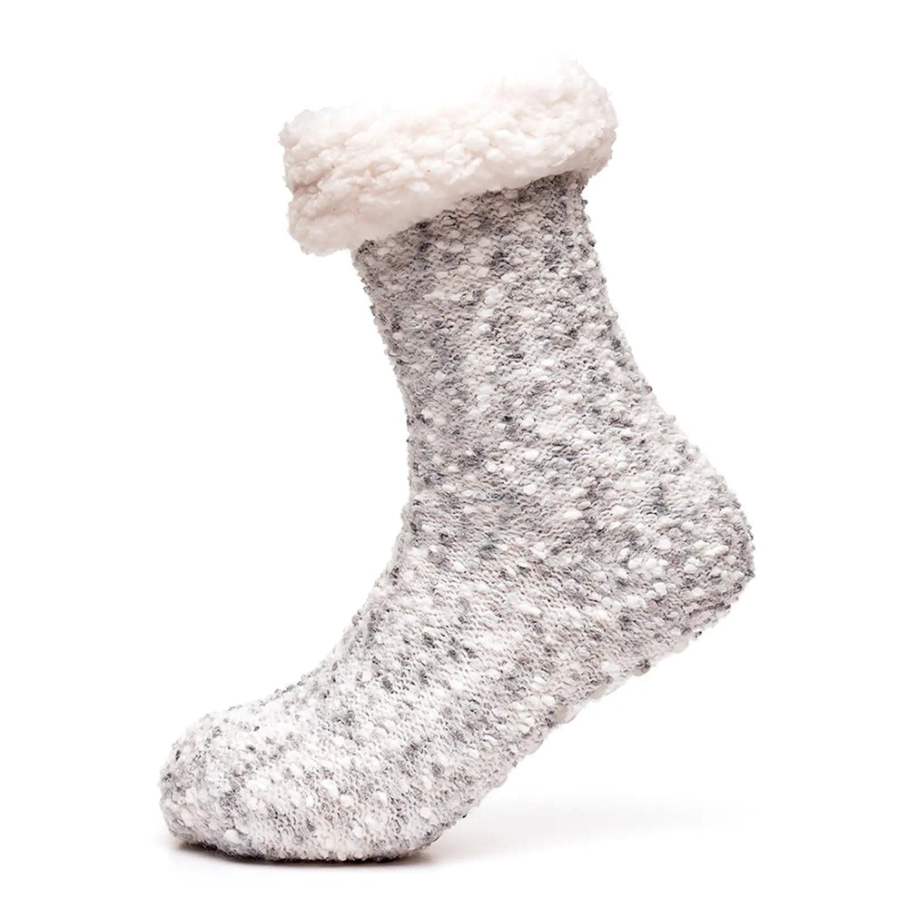 Grey popcorn pattern slipper sock with thick sherpa fleece trim