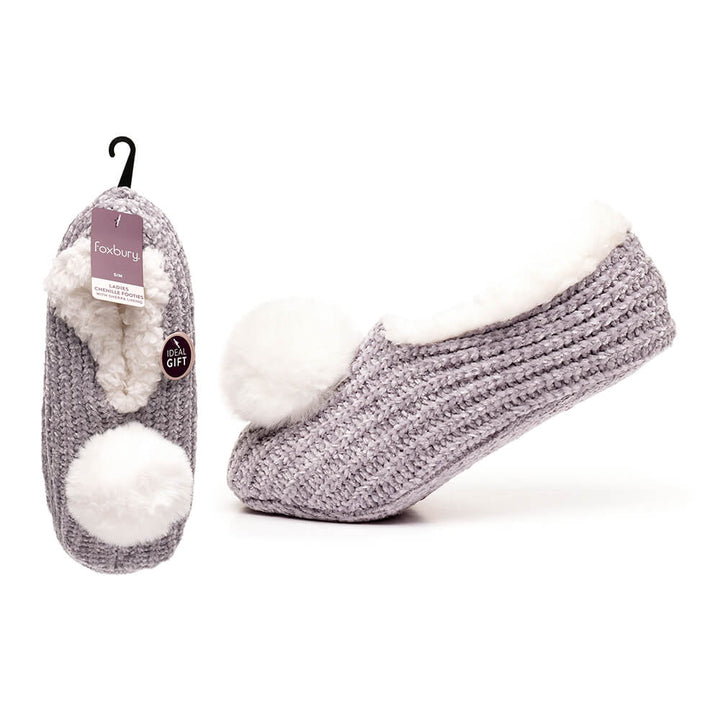 grey chenille footies with fluffy pom pom and sherpa fleece lining