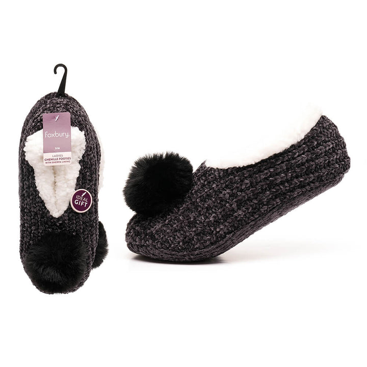 black chenille footies with fluffy pom pom and sherpa fleece lining