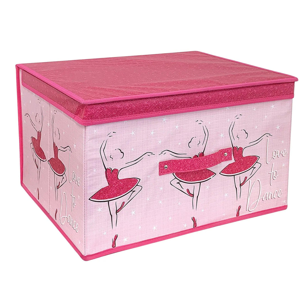 large pink storage chest with handle and ballet dancer print for a kids bedroom