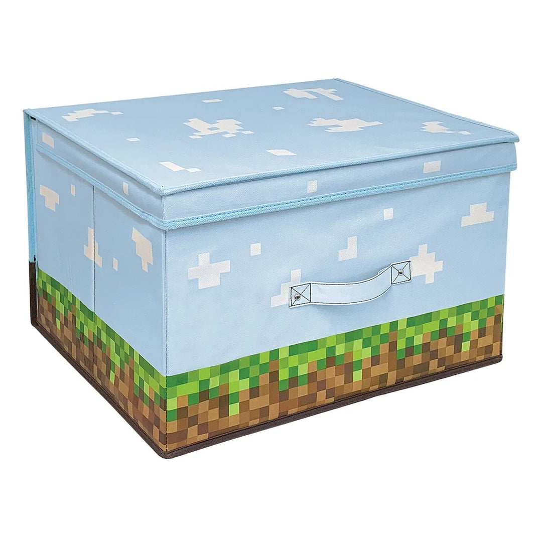 large storage box with handle and building blocks print in blue green and brown