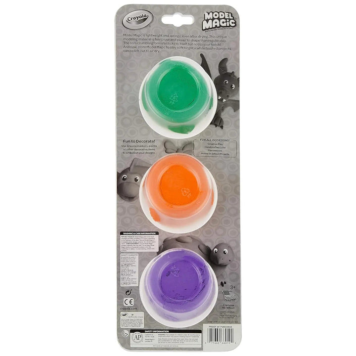 back of the pack of  Model Magic modelling material in green, orange and purple