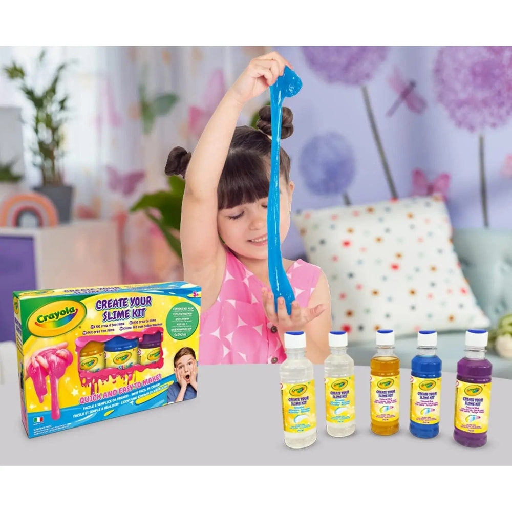 Girl making blue slime with a kit from Crayola