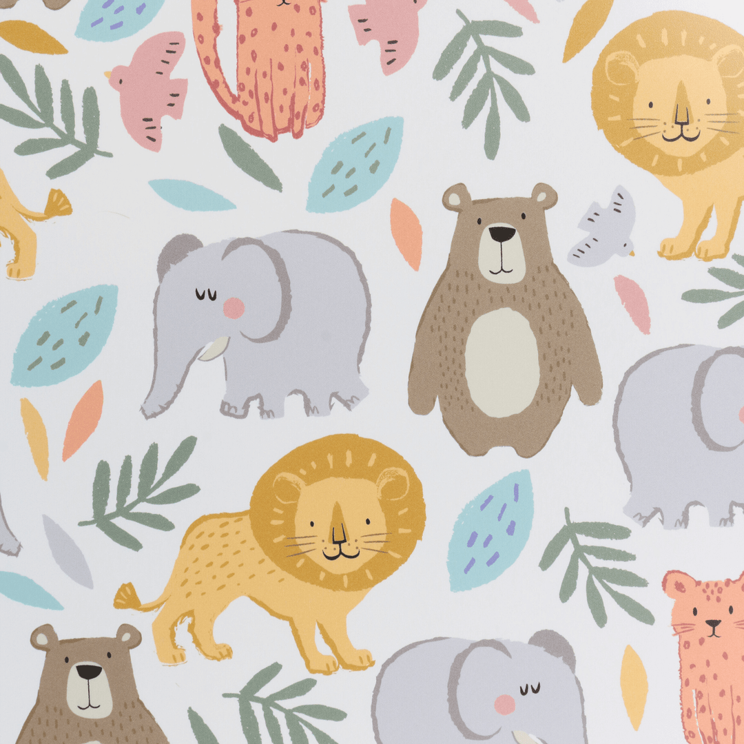 detail shot of animal pattern with illustrated bears, elephants, lions and leaves and foliage