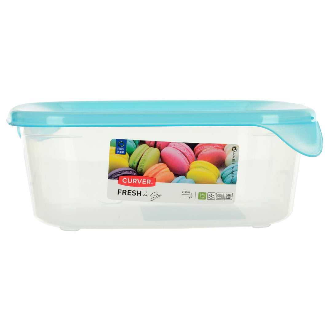 Profile of Curver Fresh & Go square food storage container with turquoise blue lid and corner handles