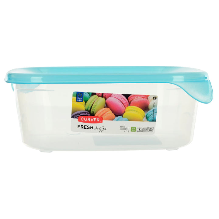 Profile of Curver Fresh & Go square food storage container with turquoise blue lid and corner handles