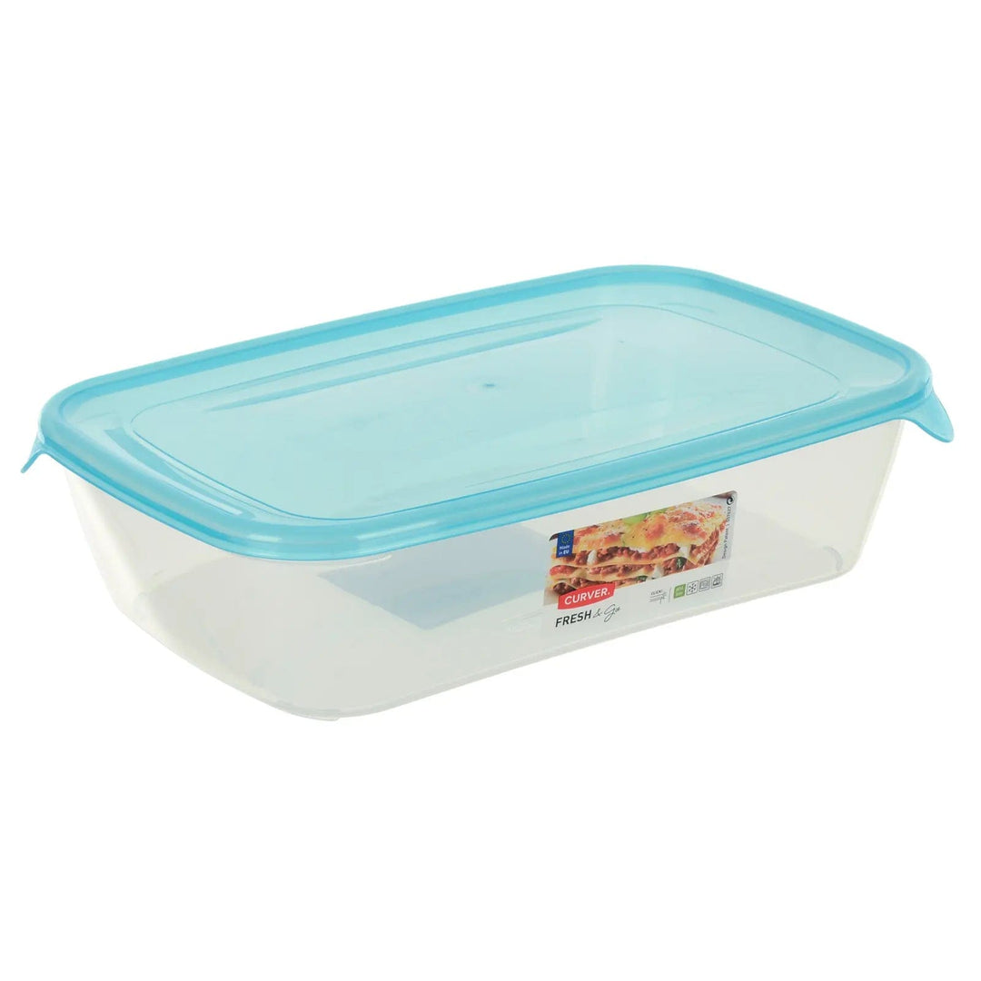 rectangle food container with blue lid and corner handles