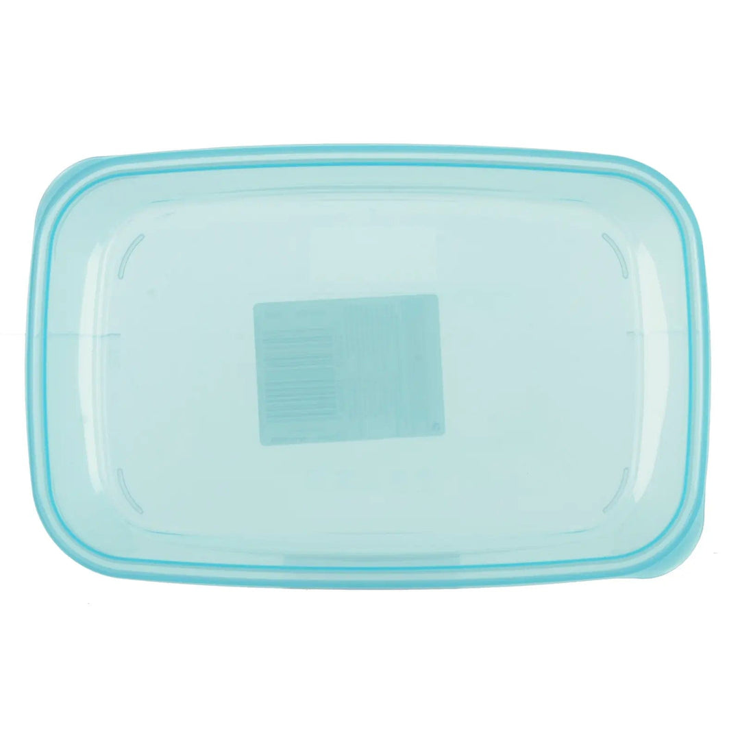 Top view of rectangle food storage container with aqua blue transparent lid