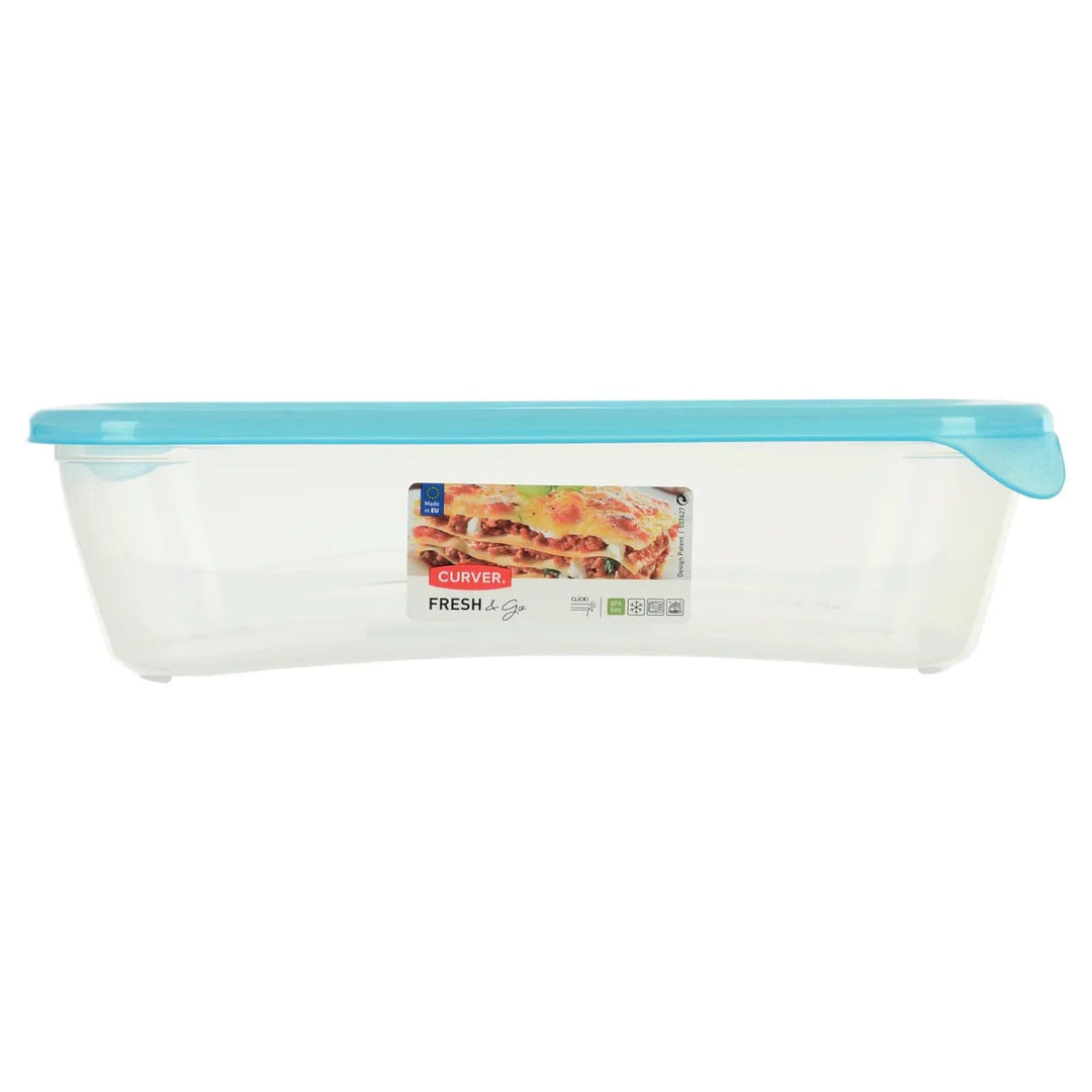 Side view of shallow rectangle food storage container with blue lid