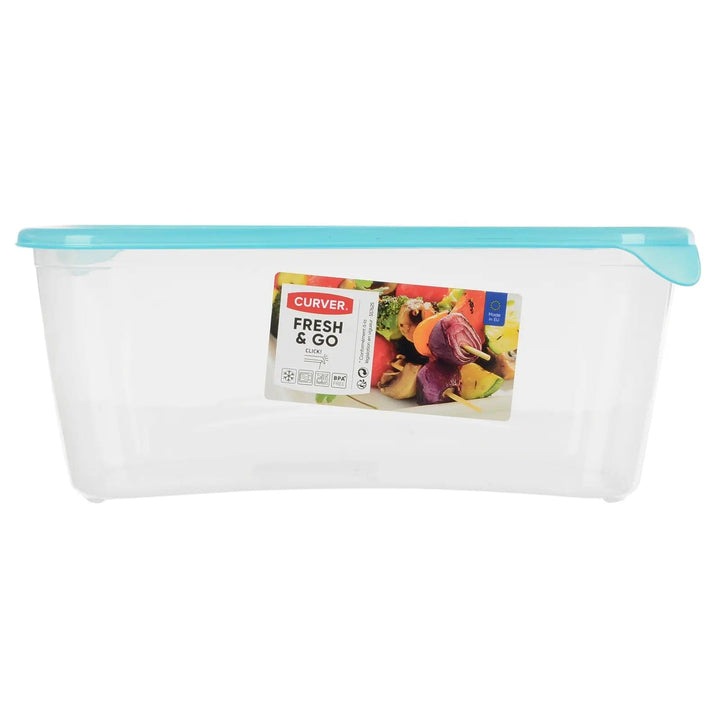 Side view of a large rectangle food storage container from Curver Fresh & Go with blue lid