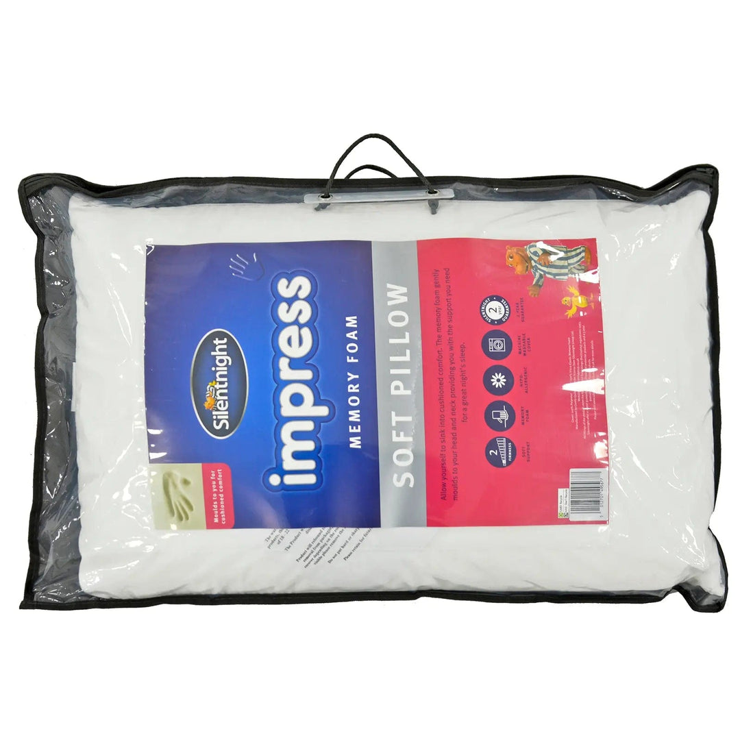 Silentnight Impress memory foam soft pillow in storage bag packaging with carry handles