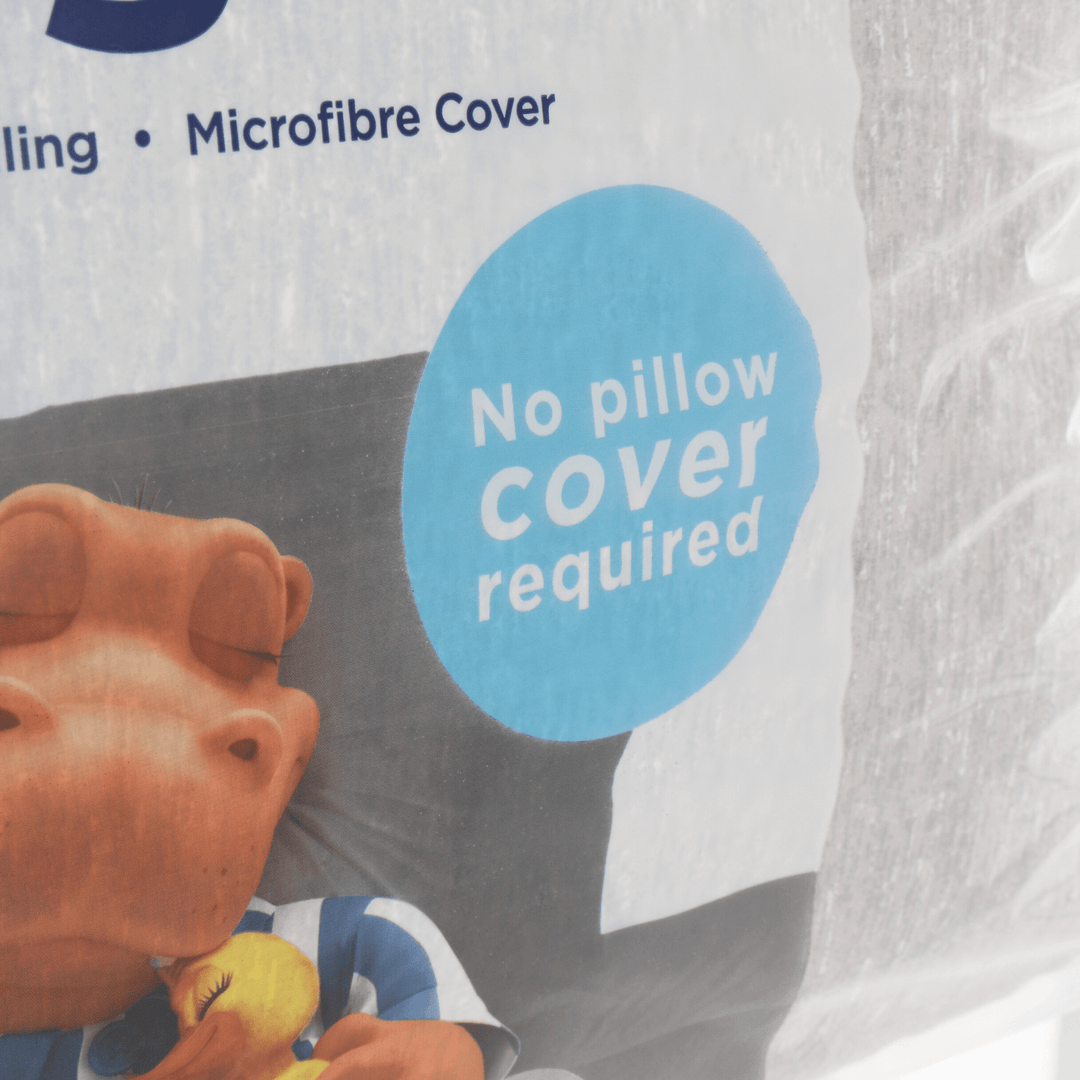 detail shot of packaging 'no pillow cover required'