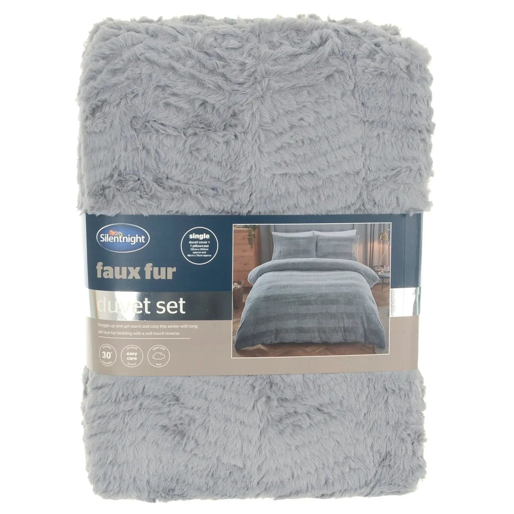 Packaging for Silentnight faux fur duvet set with grey chevron pattern