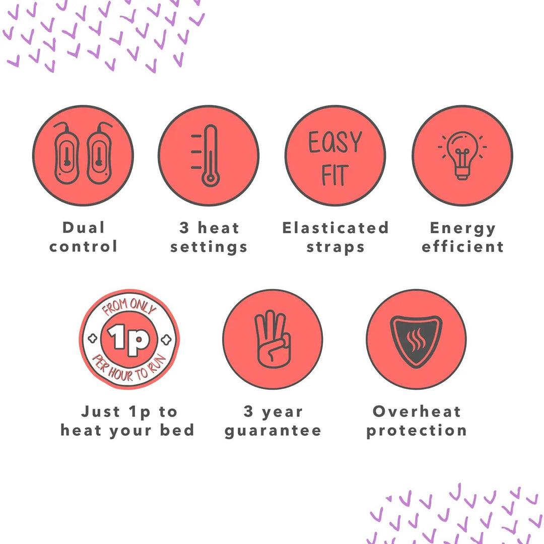 All the features of a dual control electric blanket in circular graphics