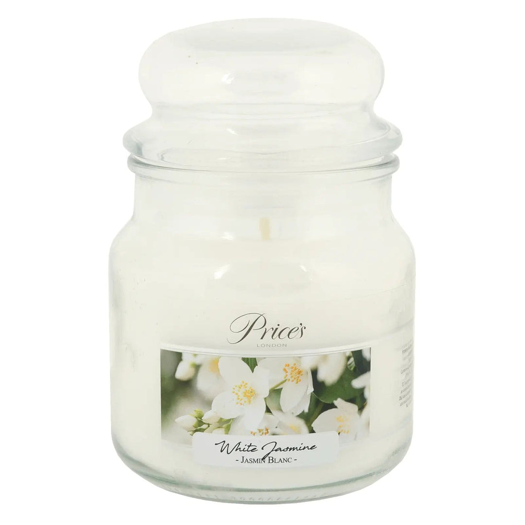 Price's White Jasmine Scented candle in glass jar with lid