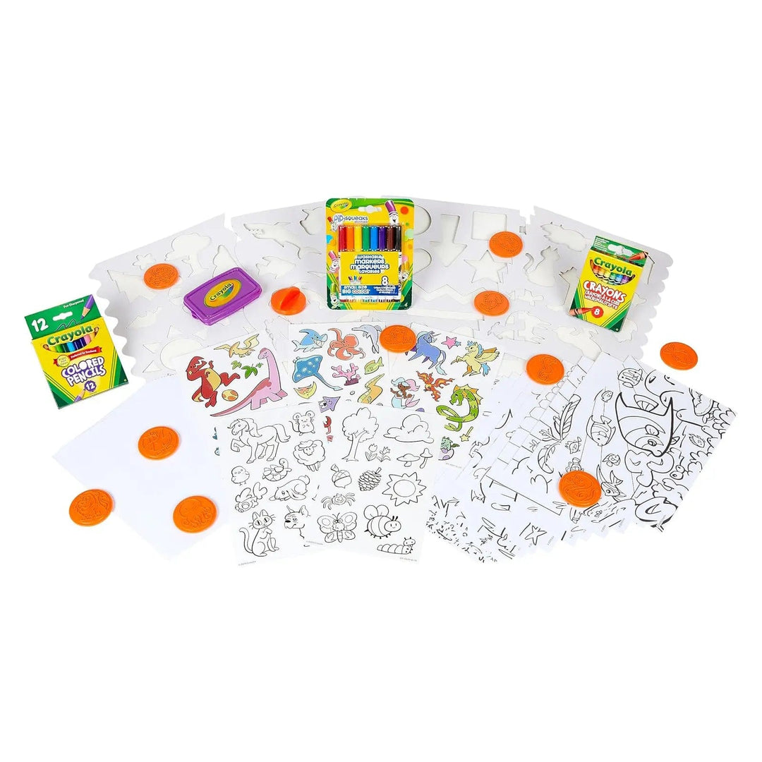 Crayola Multi-Activity Kit contents, including markers, stamps, stencils and stickers