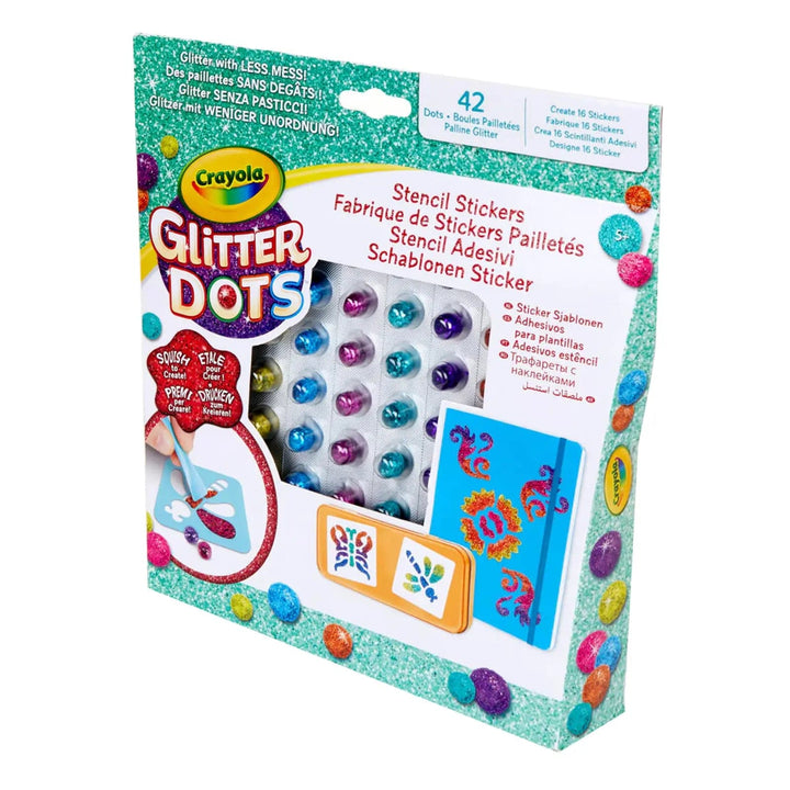 Side view of the box packaging of Crayola Glitter Dots stencil set