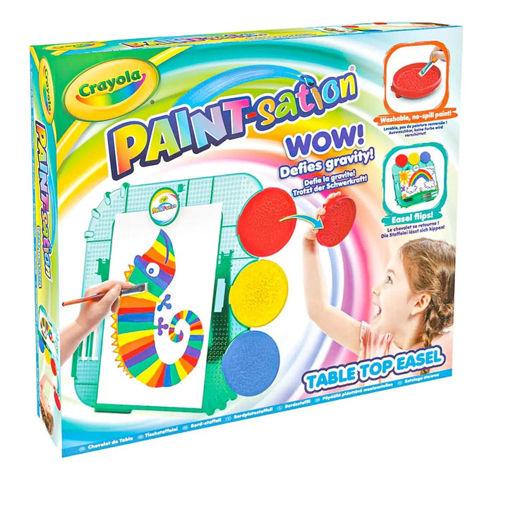 Washable no-spill paint with flip table top easel in colourful box packaging