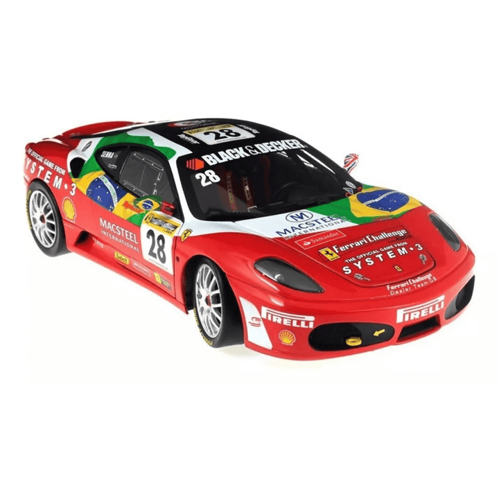 front view of ferrari challenge vehicle with red finish and brand sponsors
