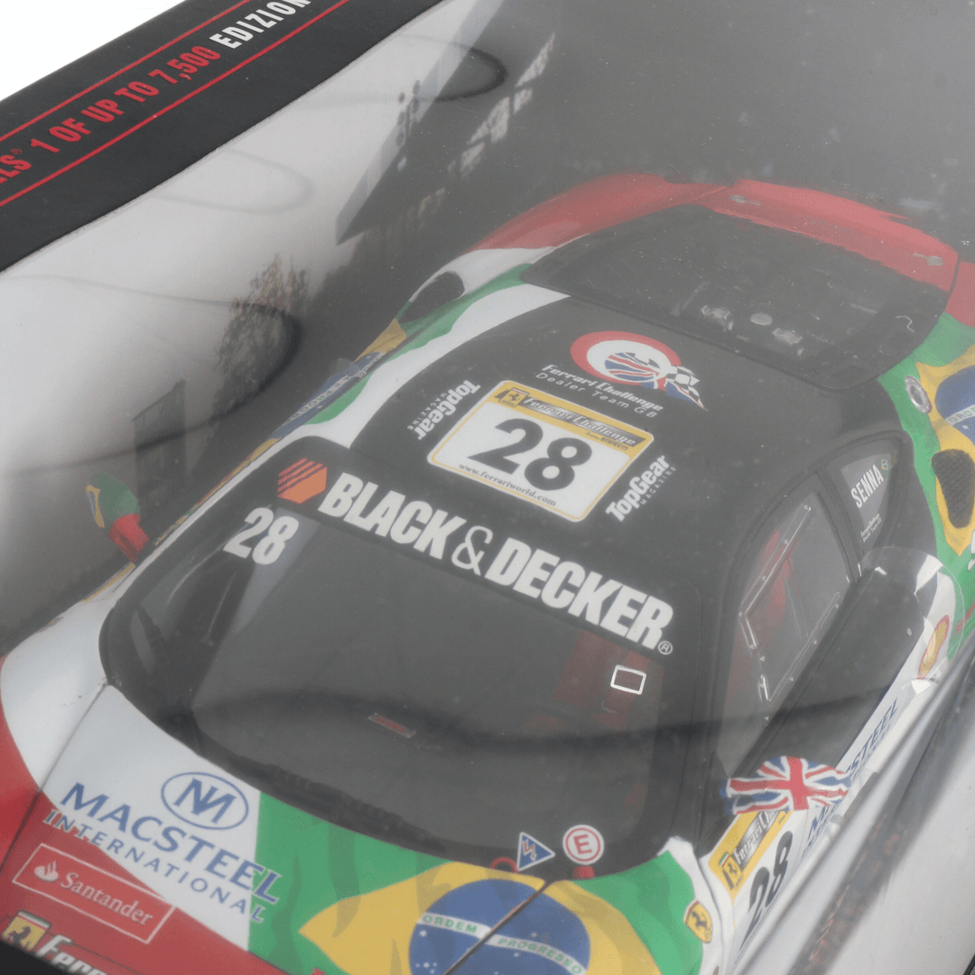 top view of vehicle inside box showing black and decker sponsor logo with number 28