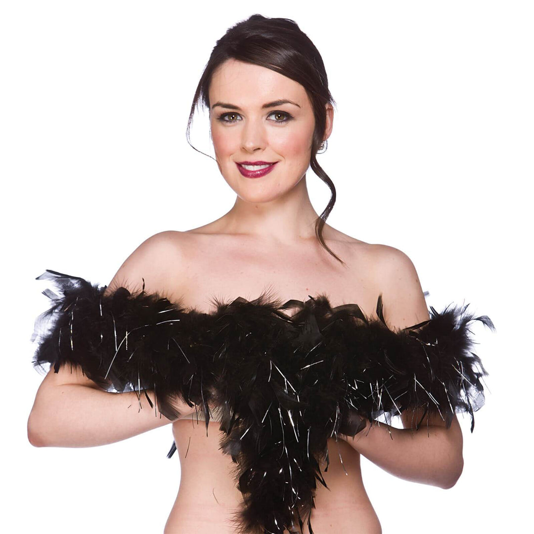 Fluffy Feather Boa Flapper Dance Burlesque Hen Night 1.7m Black/Silver