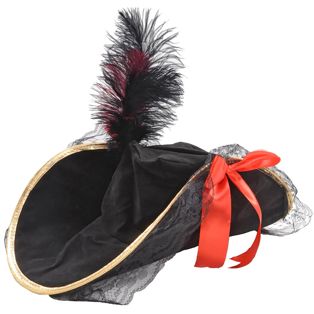 Womens Deluxe Pirate Hat Black Red Feather Fancy Dress