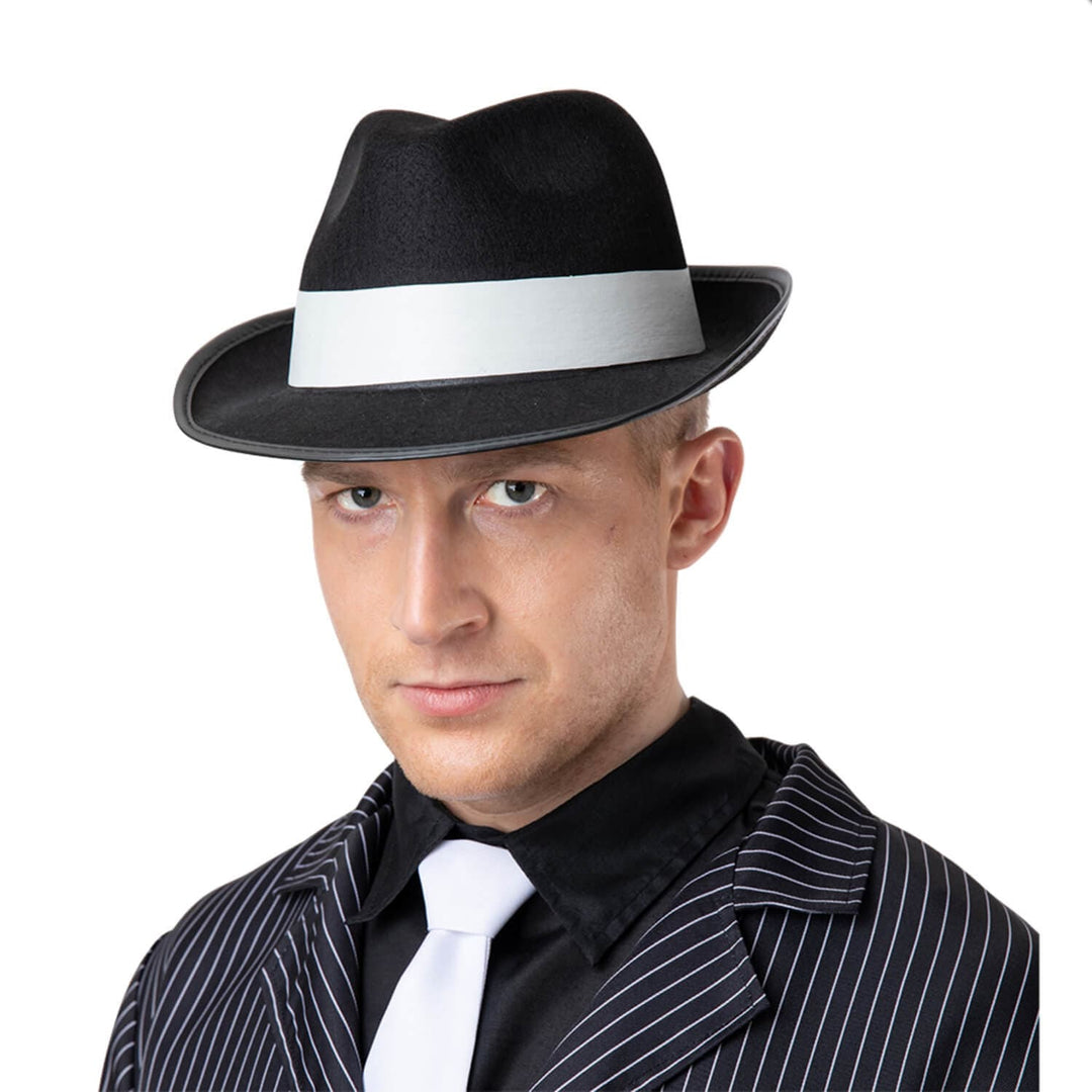 Gangster Hat Black Felt White Band 40s Mafia Fancy Dress